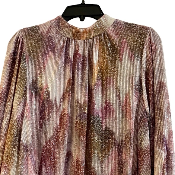 Belle Badgley Mischka Sequin Purple Print Trapeze Dress Long Sleeve Mod S M - Picture 3 of 11